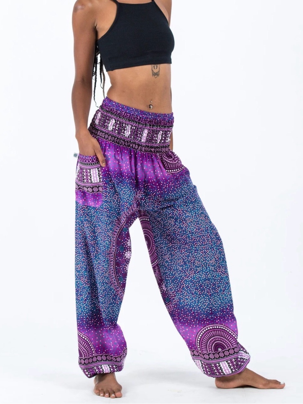 Boho Purple Wide-Leg Smocked Waist Women's Harem Pants